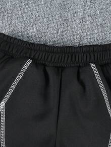 Pantalones cortos deportivos de punto con costura de contraste holgados para adolescentes, pantalones cortos tipo bermuda casuales de moda para primavera y verano, versátiles para uso diario en la escuela - Negro - Ver 8