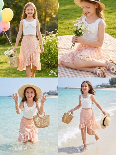 2pcs/Set Girls 8-12Y Sweet Vacation Style Daisy Floral Print Bow Decor Crop Top + Irregular Ruffle Hem Skirt Outfit, Suitable For Daily Outing And Beach