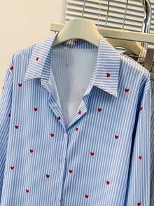 Women's Heart Print Polo Collar Striped Shirt - Casual Button Down Long Sleeve Blouse, Suitable For Spring, Summer, Autumn Daily Wear - Blue Stripes - View 8