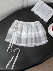 蕾丝边半身裙，女士春夏新款，可搭配半身裙/裤子叠穿，时尚系带白色蕾丝边半身裙 - 白色 - 查看 8