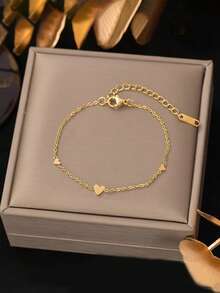 Minimalist Cute Waterproof Fade-Resistant Stainless Steel Gold Heart Bracelet Necklace - Gold - View 6