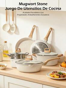 Juego de ollas antiadherentes de 9 piezas. Libre de PFAS, PFOA, plomo y cadmio. Ligero, de calentamiento rápido y uniforme, fácil de limpiar, ultrarresistente, Versátiles ollas de granito aptas para todo tipo de cocinas, incluyendo inducción, gas, eléctricas y vitrocerámica. - Albaricoque - Ver 3