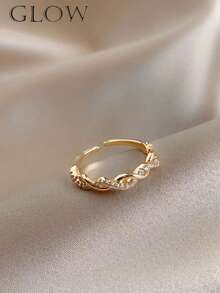 1枚时尚奢华铜合金交叉编织水钻开口戒指，适合年轻女孩日常及节日佩戴 - 金色 - 查看 7