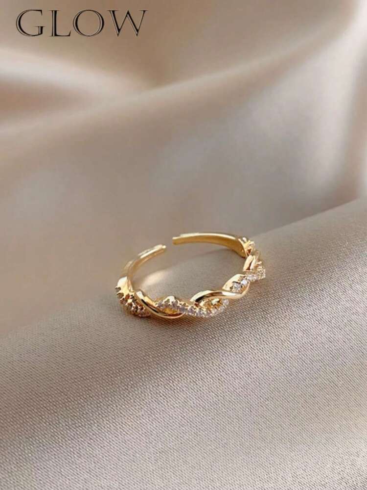 1枚时尚奢华铜合金交叉编织水钻开口戒指，适合年轻女孩日常及节日佩戴 - 金色 - 查看 7