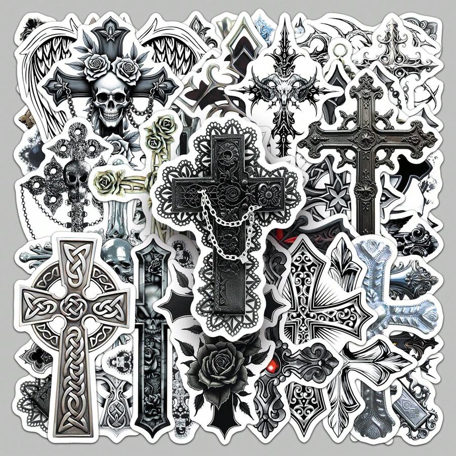50pcs Gothic Cross Sticker Series, Unique & Cool Design, Suitable For Scrapbooking, Notebooks, Laptops, Water Bottles, Cars, Faith-Based Designs With Positive Messages, Great Gift - 50pcs/pack - View 1