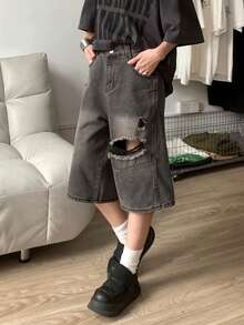 Quần jeans denim ống đứng dáng rộng, rách nhẹ, bạc màu dành cho nữ, thích hợp cho mùa hè. - Xám đậm - Xem 8