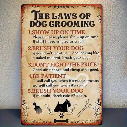 复古宠物美容趣味金属锡牌 - 坚固耐用的铁艺墙饰，饰有爪印、骨头图案和9条趣味规则，无需电池，是宠物美容师、宠物沙龙和房间装饰的完美礼物，也是狗狗家居装饰的理想之选，工艺精湛。