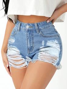 千禧新风尚，夏季最新款破洞独特牛仔裤，完美适用于音乐会、旅行、日常通勤、海滩，打造优雅性感造型。 - 藍色 - 查看 2