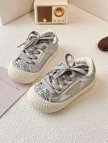 New Arrival Spring Autumn Toddler Girls Silver Glitter Sneakers Lace-Up Hook-And-Loop Strap Non-Slip Sole Sparkly Casual Princess Shoes For Party Daily Wear - Bạc - Xem 1