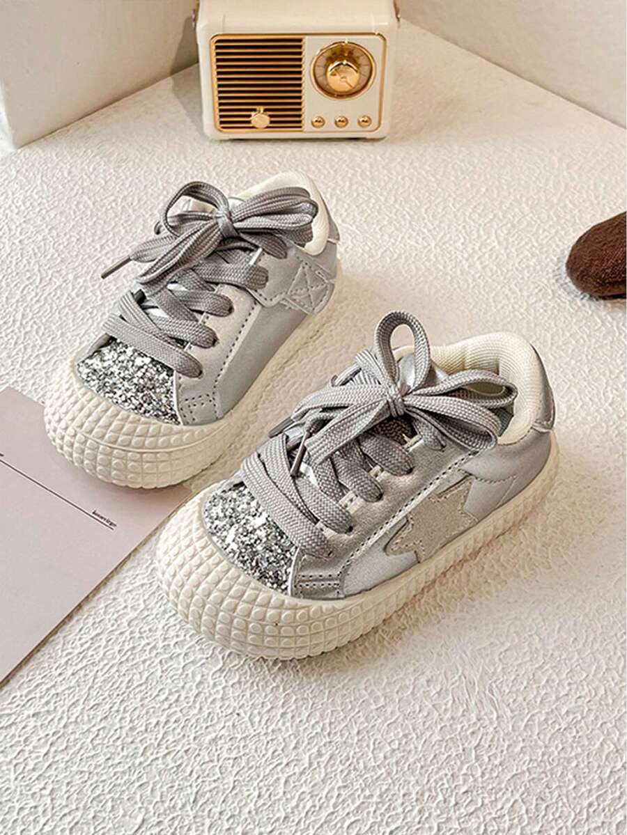 New Arrival Spring Autumn Toddler Girls Silver Glitter Sneakers Lace-Up Hook-And-Loop Strap Non-Slip Sole Sparkly Casual Princess Shoes For Party Daily Wear - Bạc - Xem 1
