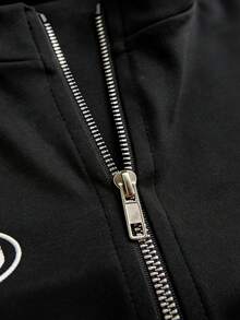 女士不对称条纹拉链短袖上衣，修身显瘦夏季衬衫，独特百搭时尚叠穿单品 - 黑色 - 查看 4