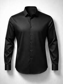 Men's Plain Black Shirt With Collar, Regular Length, Sleeves To The Wrist And Raw Wash Details. - màu đen - Xem 7