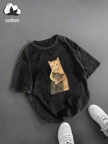趣味猫咪印花短袖T恤，独特小批量设计女式上衣，水洗棉T恤，休闲女装，雪花图案面料，舒适圆领休闲上衣，复古做旧T恤，常规女装，春夏黑色 - 黑色 - 查看 3