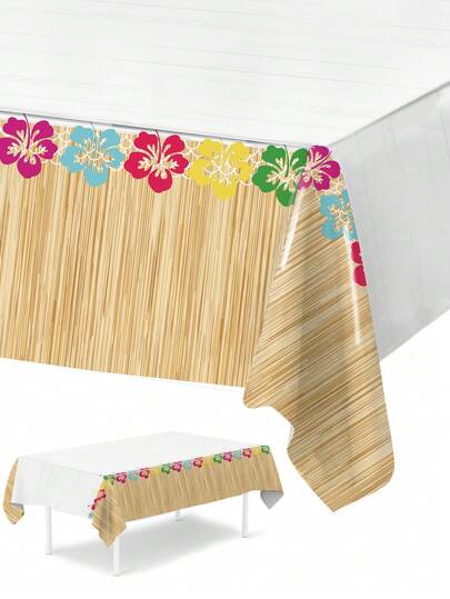 1pc Hawaiian Table Cloth, Hawaiian Woodgrain Floral Tablecloth, Hawaiian Theme Party Decor Table Cover, Hawaiian Decor, Summer Party Disposable Table Runner, Hawaiian Birthday Party Supplies, Hawaiian Tropical Party Decor Table Flag, Summer Beach Party Table Decor, Wedding, Bridal Shower Decor, Summer Kitchen Dining Table Decor Table Skirt, Room Decor, Home Decor, Summer Decor, Summer Gifts, Party Favors
