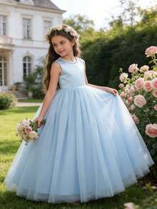 Girls' Elegant Blue Bowknot Pearl Backless Long Dress, Princess Gown For Flower Girl, Party, Wedding, Prom, Graduation, Easter, Vacation - 淺藍色 - 查看 6