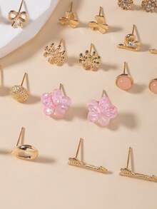 60件/套 时尚金属蝴蝶、爱心、水钻、月亮、花朵耳钉套装，节日礼物，日常佩戴，女士 - 彩色 - 查看 4