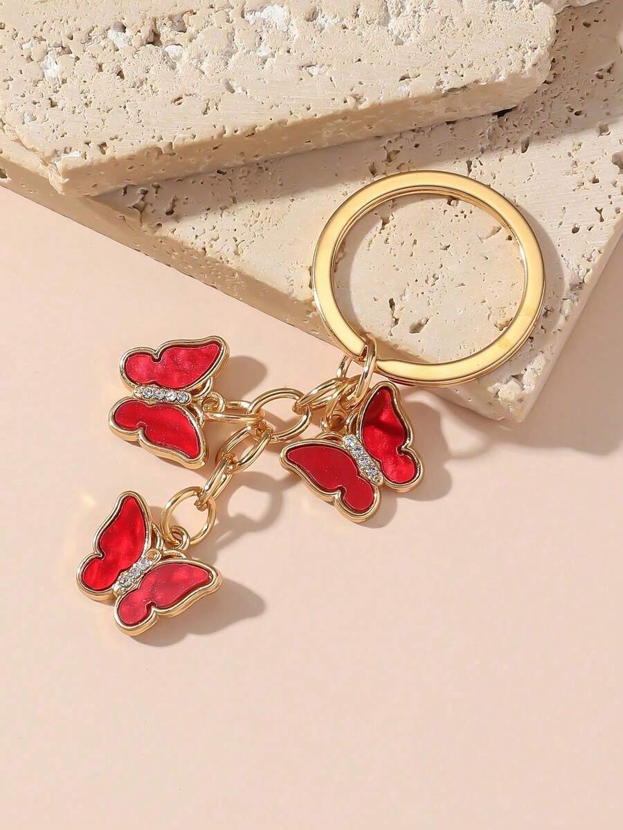 1pc Women's New Rhinestone Butterfly Keychain Fashionable Butterfly Pendant Bag Charm Accessory Travel Essentials Kawaii Chinese Key Lanyard Boho Beach Essentials - Red - View 1