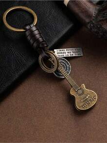 1pc Retro Small Guitar Cowhide Key Chain For Men Braided Cowhide Keychain Backpack Pendant Car Accessories Bag Charm School Cute Goth Y2k Christmas Gift Ideas Bag Lanyards With Id Holder Car Accessories Bag Charms - 銅色 - 查看 3