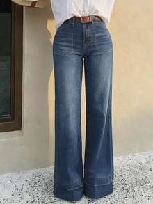 女士奢华海军蓝阔腿牛仔裤，优雅高腰贴袋牛仔裤，时尚Y2K美学春季休闲街头风喇叭牛仔裤 - 中等水洗藍 - 查看 4