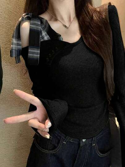 修身紧身T恤，新款女士露肩灰色打底衫，甜美性感蝴蝶结露肩叠穿上衣，女士秋季服装