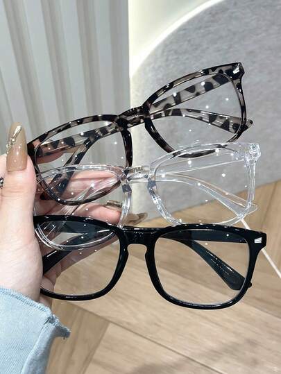 3 Pairs Fashion Multi-Functional Geometric Pattern Transparent Full-Frame Women's Decorative Non-Prescription Glasses, Made Of Thick Durable Plastic Material, Flexible And Shock-Resistant, Suitable For All Face Shapes