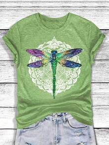 Women's Casual Short Sleeve T-Shirt, Colorful Dragonfly And Mandala Pattern Print, Loose Round Neck Design, Breathable Mid-Stretch Fabric, Machine Washable, All-Season Comfortable, Multiple Colors Available In Sizes S-XXL, Cute Top, Comfortable Clothing, Retro Style, Non-See-Through Material - cỏ xanh - Xem 6