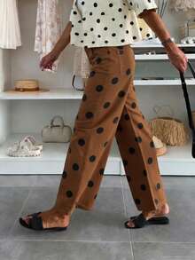 女士复古波点宽松中腰休闲牛仔裤，弹力牛仔裤，时尚百搭街头风 - 棕色 - 查看 7