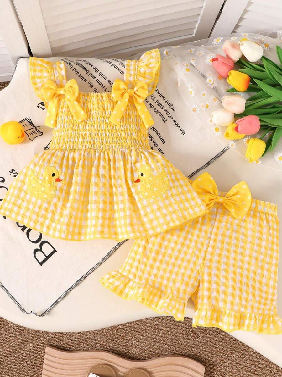 两件套，少女休闲时尚可爱柔软舒适，黄色小鸭刺绣贴花吊带背心搭配格子松紧腰短裤，蝴蝶结装饰，适合夏季日常穿着、度假、户外活动 - 彩色 - 查看 1