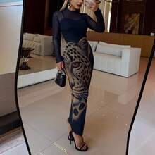 Fashionable Women's Sexy Rhinestone Mesh Print Dress, Elegant & Graceful - Black - View 1
