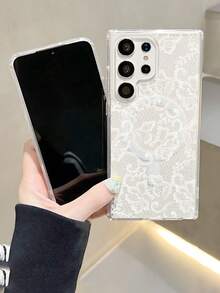 1pc White Lace Pattern Transparent Magnetic Phone Case Compatible With Samsung Galaxy S26Ultra S26Plus S26 S25 S24 S23 S22 Plus FE Edge A56 A54 A36 A35 17promax  Air 17pro 17 16E 16 15 14 13 12 11 X XS XSMAX Plus Pro Case - 無色 - 查看 2