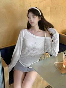 Casual Oblique Shoulder Printed Lightweight Long Sleeve Outerwear T-Shirt, Stylish Top For Women - White - View 4