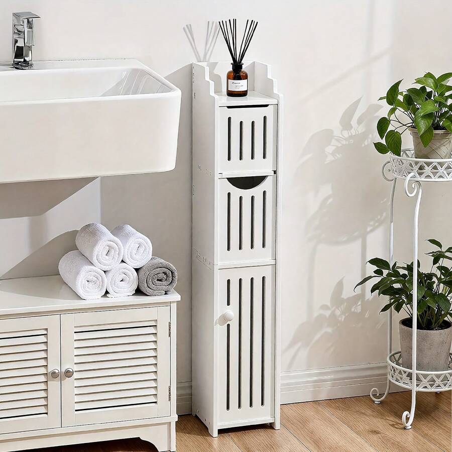 Senmeo Compact PVC Bathroom Storage Rack, Durable Multi-Functional Unit With Tissue Holder For Small Spaces – Sturdy Construction, Great For New Year Home Organization - 白色 - 查看 1