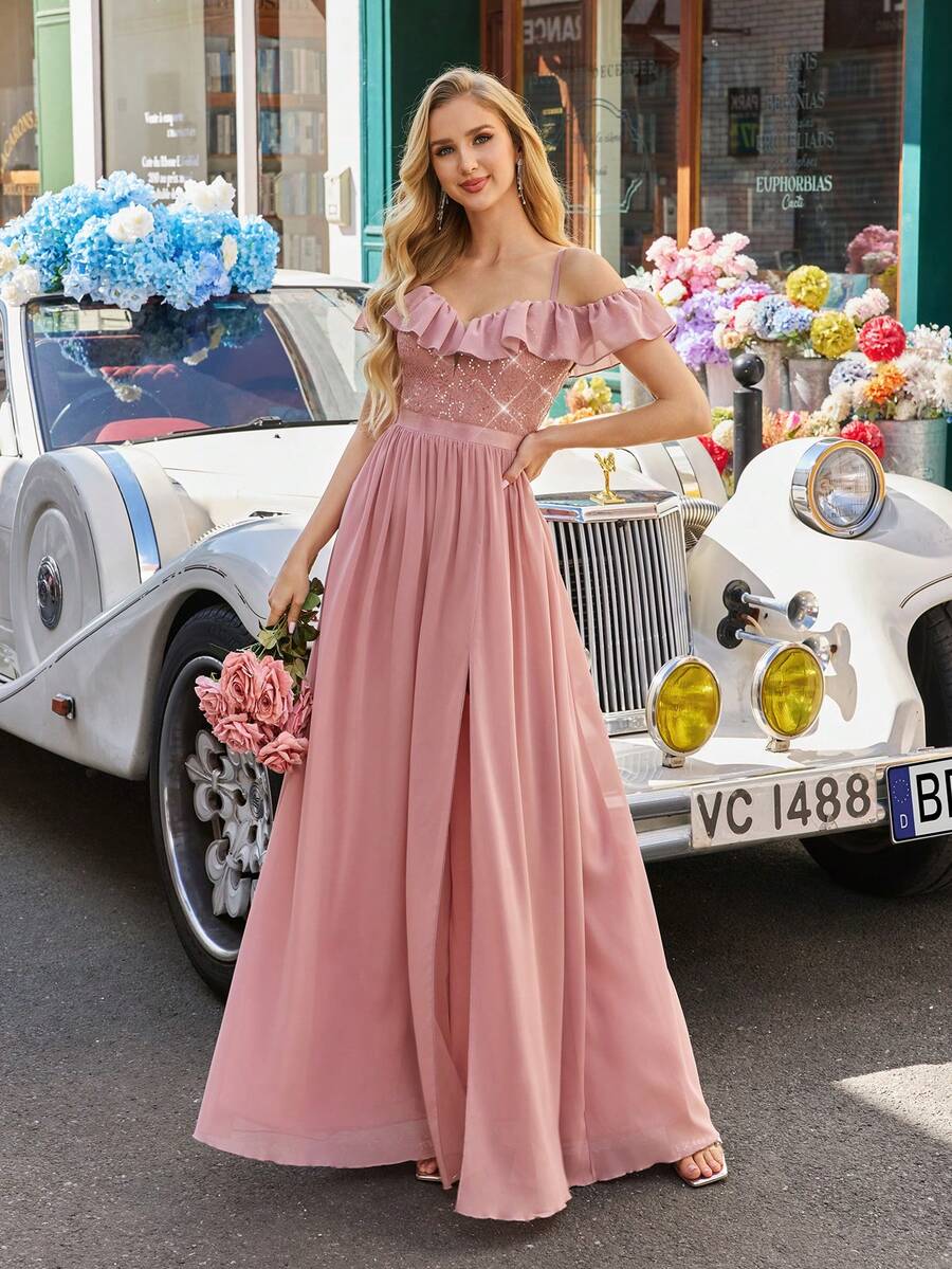 Women Luxury Spaghetti Strap Lace Sequin Formal Evening Gowns Sexy Backless Prom Wedding Guest Spring Summer Cocktail Party Maxi Dresses Pink Fall