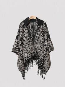 1pc Geometric Jacquard Knit Hooded Shawl, Everyday Wear - Multicolor - View 2