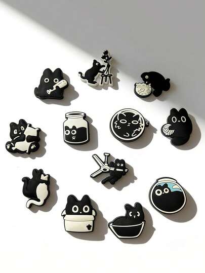 12 piezas Accesorios únicos de moda de vuelta al colegio con decoración de gato negro, adecuados para estudiantes, regalo para amigos, aplicables a zuecos, zapatos de jardín, sandalias, zapatos de cuña de verano, accesorios de calzado simples y elegantes