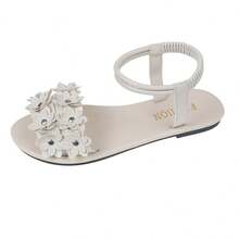 Women's Stylish Multi-Flower Sandals, Stitched Petal Detail, Adjustable Ankle Strap, Open Toe, Comfort Flat Heel, Beige Casual Sandals, Feminine-Chic Style For Warm-Weather Daily Wear - 米色 - 查看 17