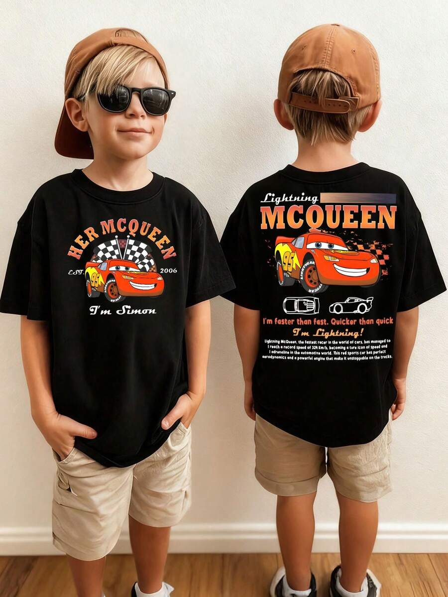 Disney Full Of Playful Vibe Lightning McQueen Champion Racing Car T-Shirt, Double-Sided Print Casual Short-Sleeve For Boys, Breathable Summer Top For Kids - màu đen - Xem 1