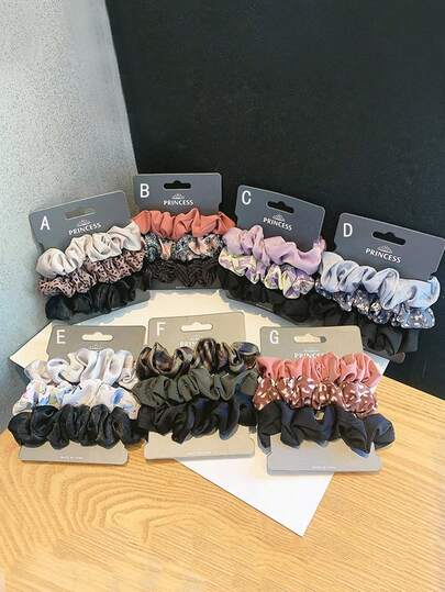 3 pièces Ensemble de chouchous en satin à imprimé floral et léopard de style coréen Ins, élasticité élevée sans dommage pour les cheveux, supports de queue de cheval polyvalents, élastiques à cheveux, cordes à cheveux