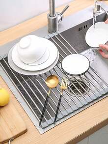 1 cái giá phơi bát đĩa cuộn, giá phơi bát đĩa đa năng bằng thép không gỉ đặt trên bồn rửa, giá phơi di động bằng thép không gỉ, thảm lót bồn rửa, dụng cụ nhà bếp - Nhiều màu - Xem 3