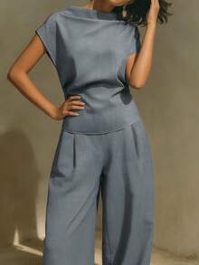 HUTENER 大码女装两件套，不对称短袖上衣+宽松阔腿裤，通勤、工作、休闲百搭夏季优雅套装 - 灰色 - 查看 7