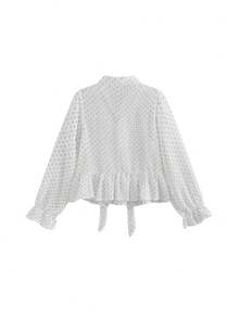 Áo kiểu chiffon màu trắng trơn chấm bi cổ buộc dây viền bèo nhún hiệu Dongdaemun Hàn Quốc, mùa xuân - trắng - Xem 6