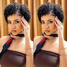 T字形蕾丝前假发，精灵短发，真人发，13x4x1蕾丝前额卷曲短款真人发假发，适合，1B黑色，99J酒红色短款精灵假发，适合，层次感短款假发，带侧刘海，真人发，适合日常佩戴 - 彩色 - 查看 6