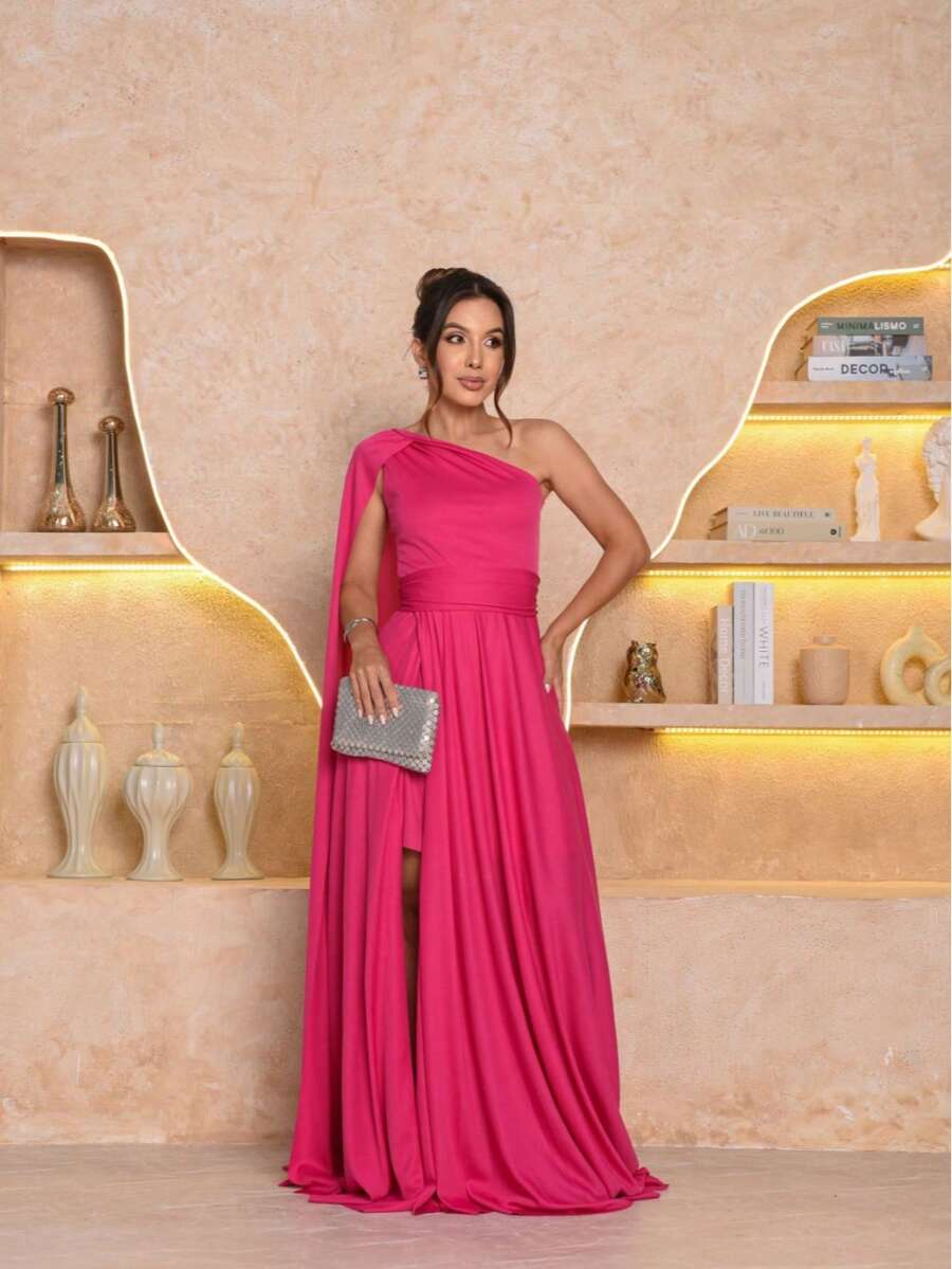 Women's Long Dress With Elegant Cape, Party, Side Slit, Wedding - 玫紅色 - 查看 1
