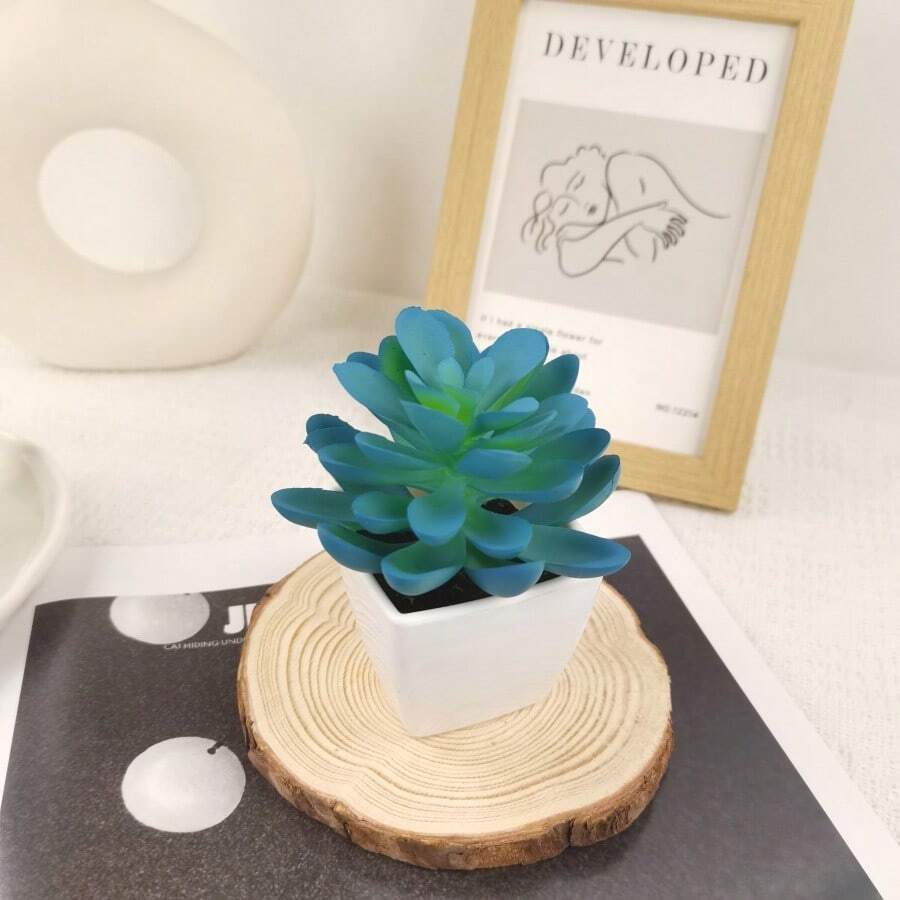 1盆/3盆迷你逼真多肉植物盆栽，家居装饰，适用于客厅、桌面、窗台、办公桌、母亲节、婚礼派对装饰 - 藍色 - 查看 1
