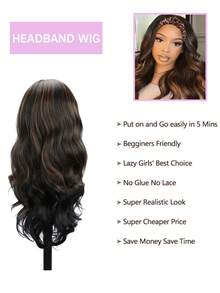 Ombre Wavy Headband Wig, #1B/30 Highlighted, 180% Density, Glueless Seamless Hairline, Instant Wear Human Hair Wig For Women - S1/30 - View 2