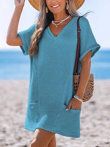 Summer Women's V-Neck Waffle Knit Dress Loose Short Sleeve Mini Dress With Pockets Casual Beach Cover-Up Dress Casual Split  Beach  Vacation - 青碧色 - 查看 4
