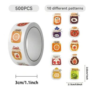 防水卡通果酱罐卷贴纸（500张/卷） - 可爱的PVC装饰贴纸，适用于DIY工艺品、背包、杯子和设备装饰