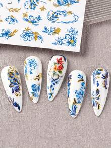 FULL BEAUTY 2片蓝色菊花大丽花美甲贴纸，奢华古铜色雏菊郁金香叶子浪漫腾曼春夏滑动式婚礼美甲饰品 - 彩色 - 查看 3