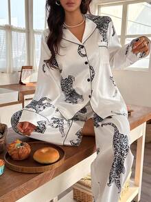 1套豹纹百搭简约通勤女式长袖睡衣套装 - 白色 - 查看 4