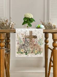 1pc Easter Bunny Pattern Table Runner, Easter Style Table Decor, Linen Material, Available In Multiple Sizes, Suitable For Home Dining, Kitchen Decor, Home Decor, Outdoor Party And Restaurant Decoration, Textured Linen Appearance - White - View 5